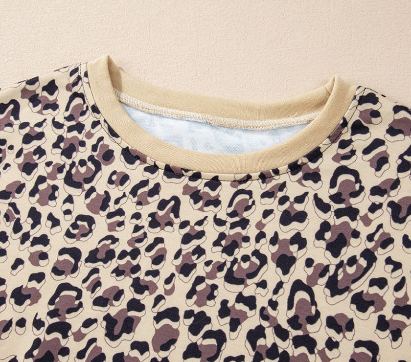 Slit Leopard Round Neck Long Sleeve Sweatshirt