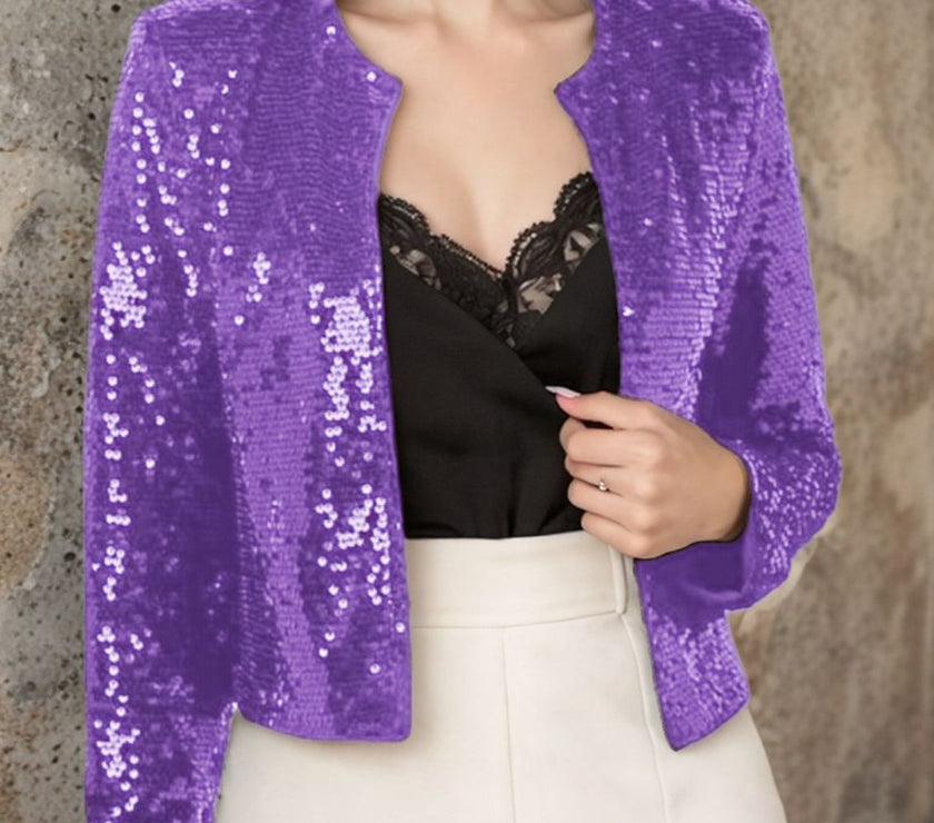 Full Size Sequin Open Front Cropped Jacket