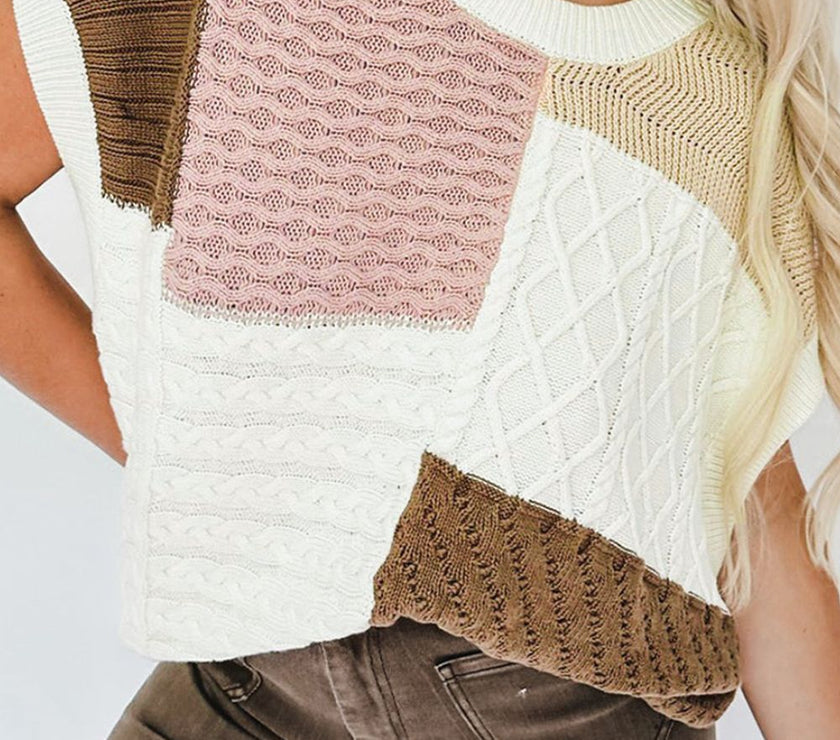 Cable-Knit Color Block Round Neck Sweater Vest