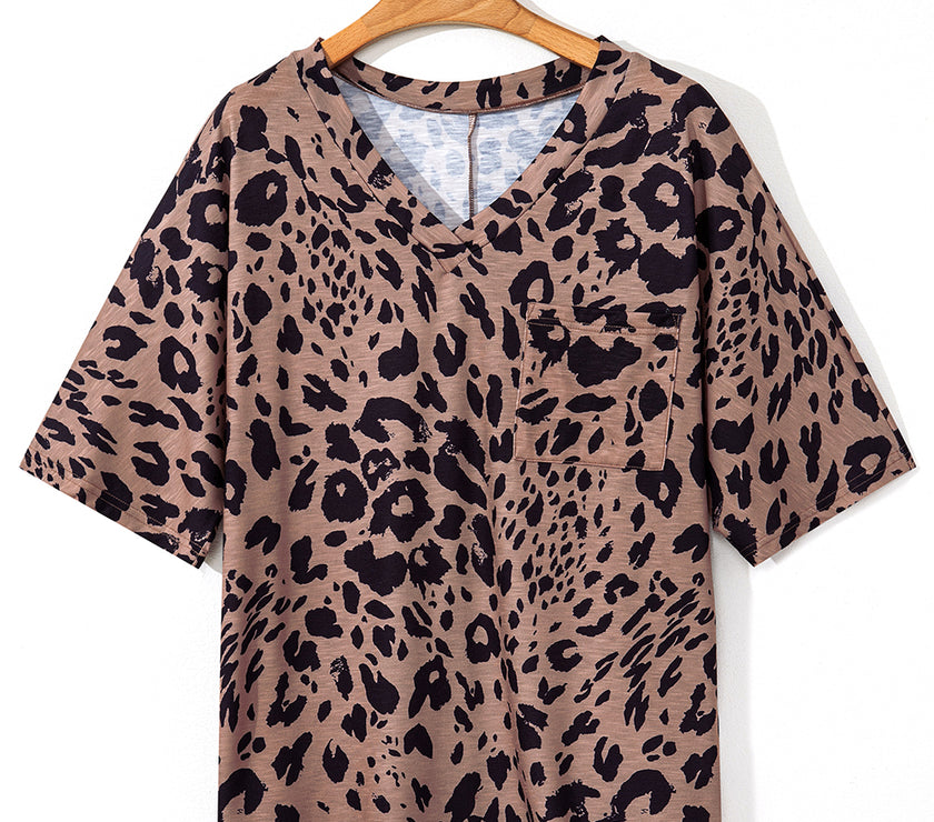 Brown Leopard Print V Neck Half Sleeve Oversized Tee
