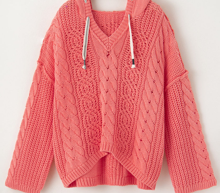 Drawstring Cable-Knit Hooded Sweater