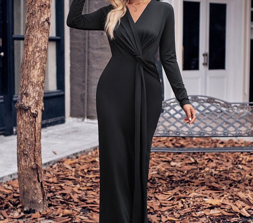 Slit Twisted Surplice Long Sleeve Dress