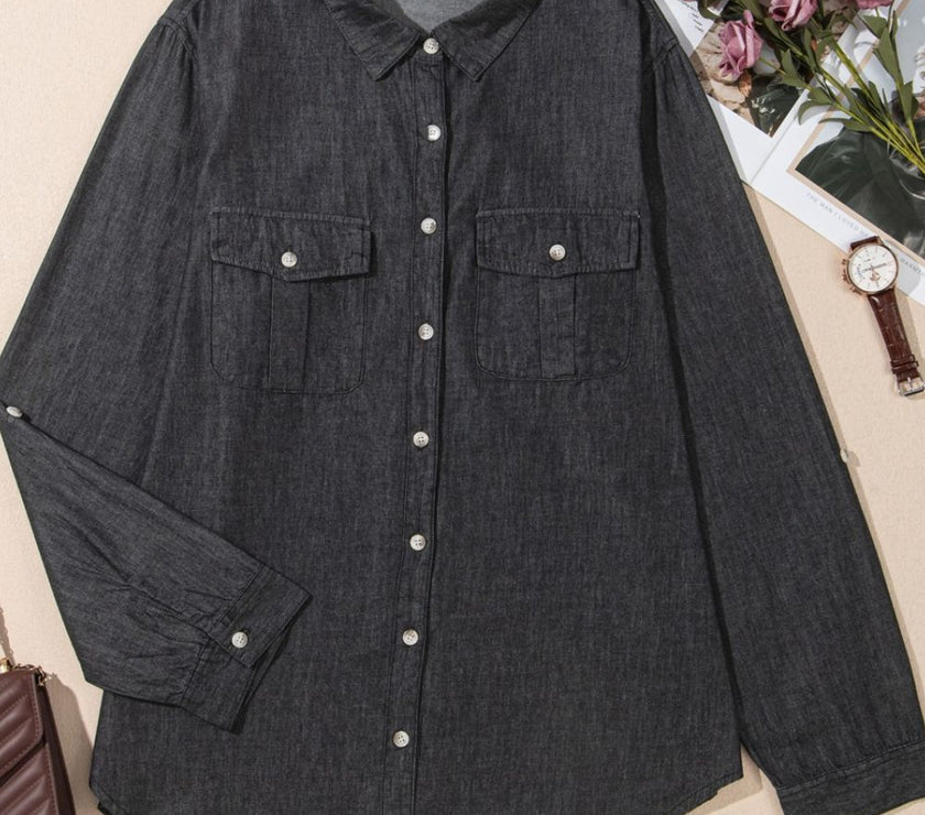 Pocketed Collared Neck Long Sleeve Denim Top