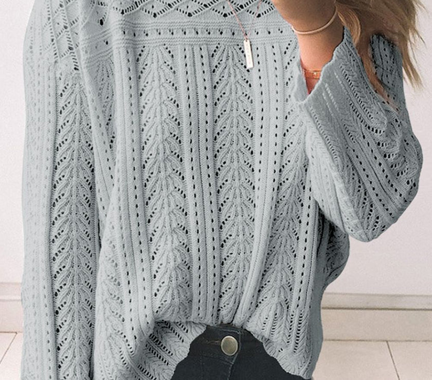 Openwork Round Neck Long Sleeve Knit Top