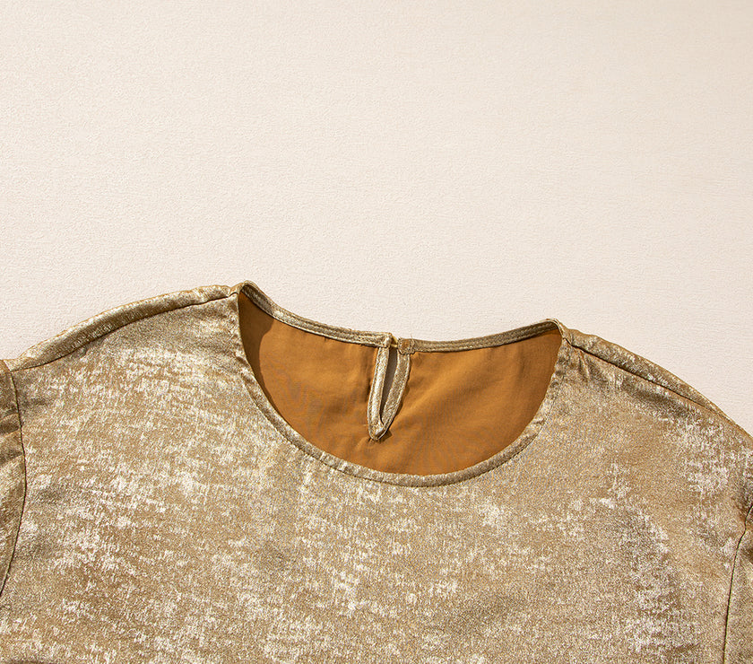 Gold Metallic Luster Crewneck Mini T-Shirt Dress