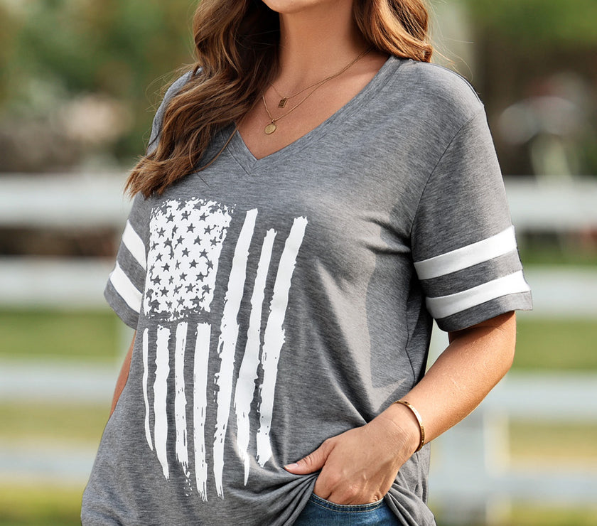 Plus Size US Flag Graphic V-Neck Tee