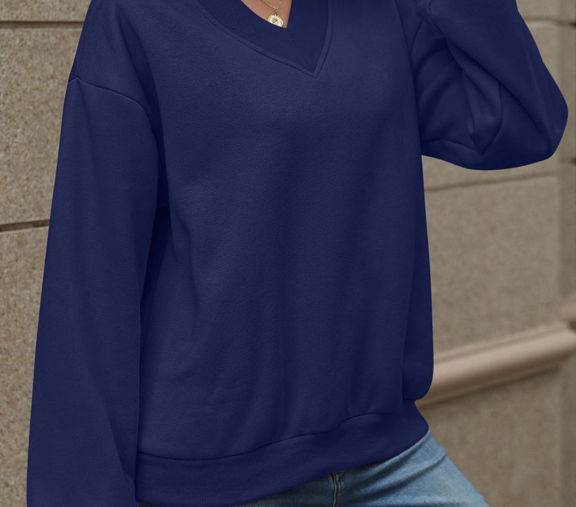V-Neck Long Sleeve Dropped Shoulder Sweatshirt