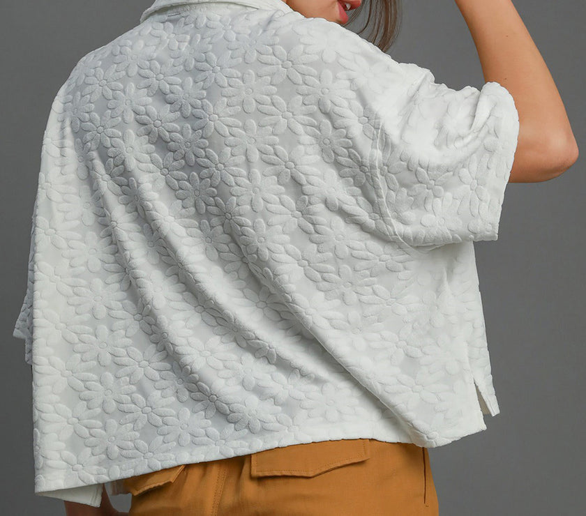 Umgee Floral Johnny Collar Half Sleeve Jacquard Top