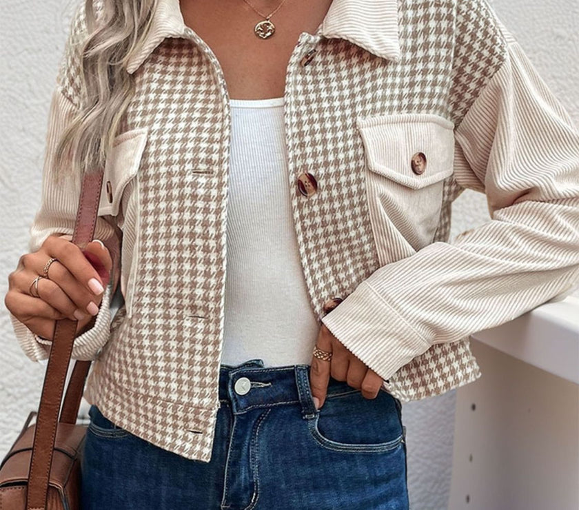 Perfee Pocketed Houndstooth Long Sleeve Jacket