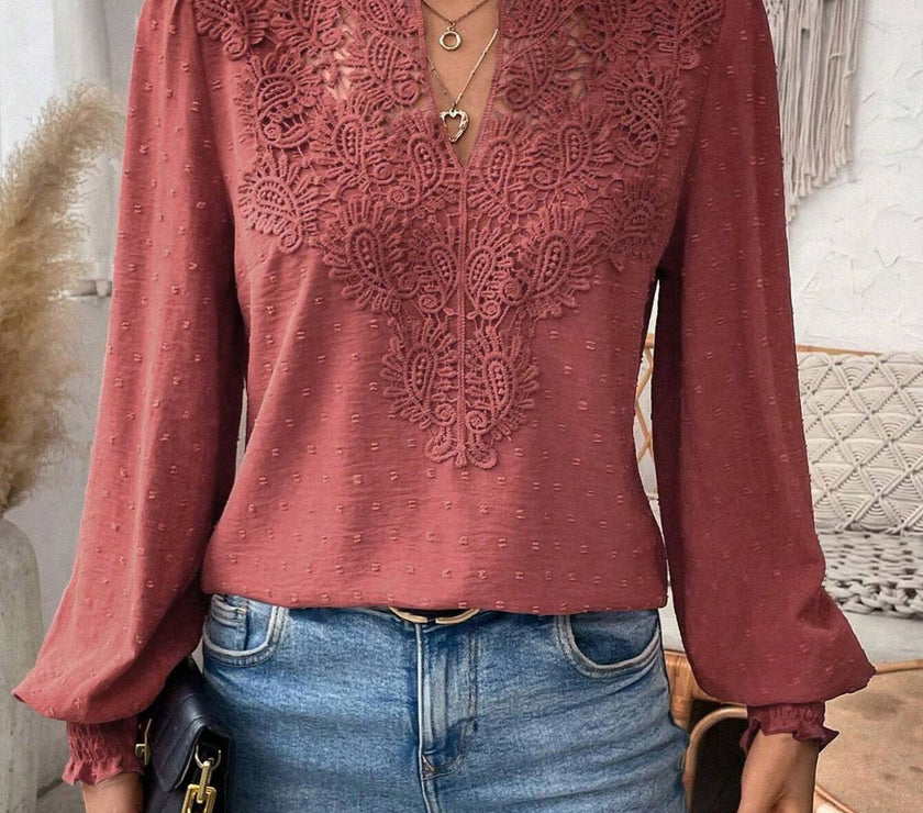 Swiss Dot Lace Detail Notched Long Sleeve Blouse