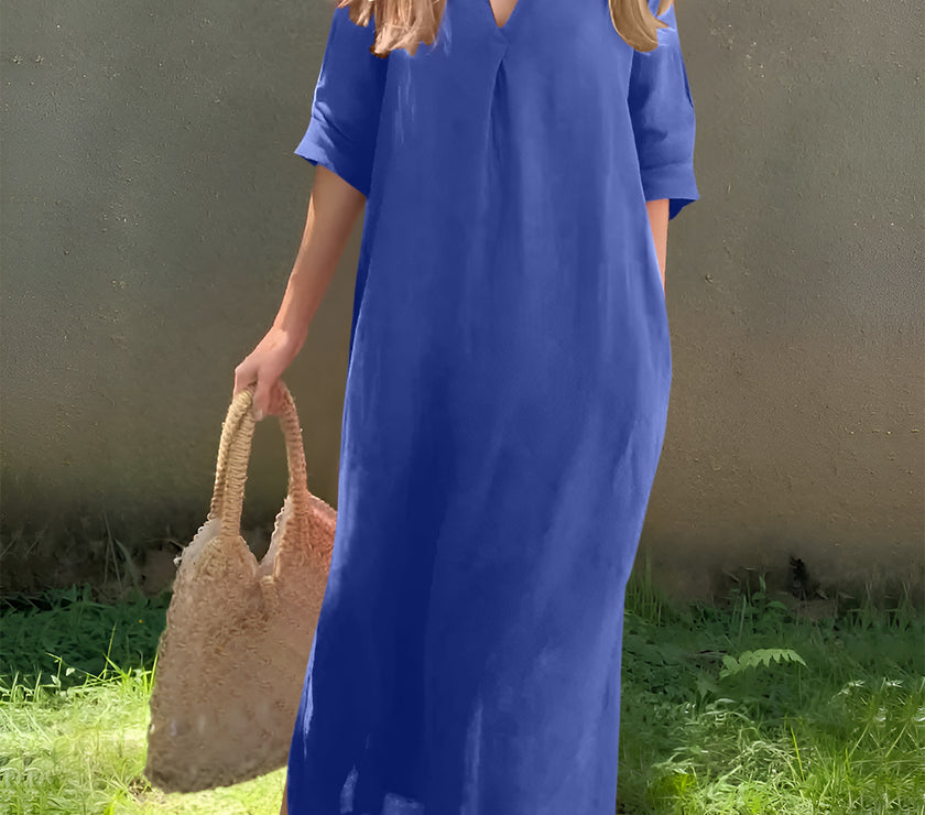 Full Size Notched Half Sleeve Midi Dress