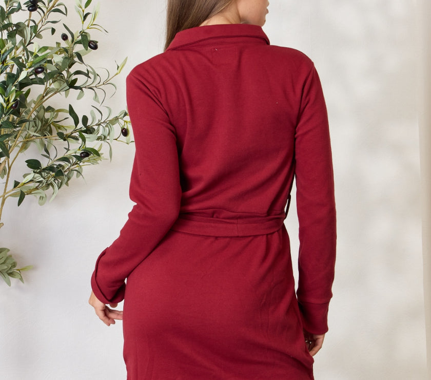 Culture Code Full Size Tie Front Half Zip Long Sleeve Shirt Dress