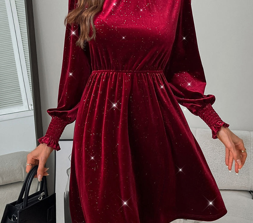 Glitter Mock Neck Long Sleeve Mini Dress