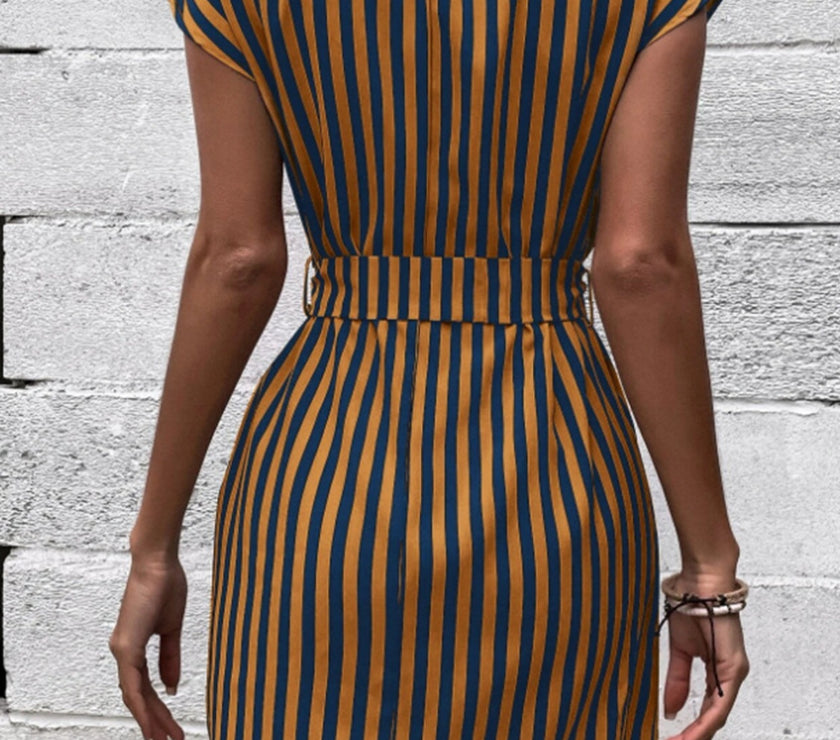 Tied Striped Cap Sleeve Mini Dress