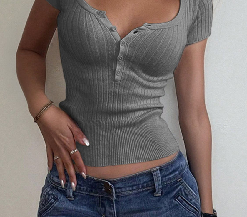 Half Button Scoop Neck Short Sleeve Knit Top