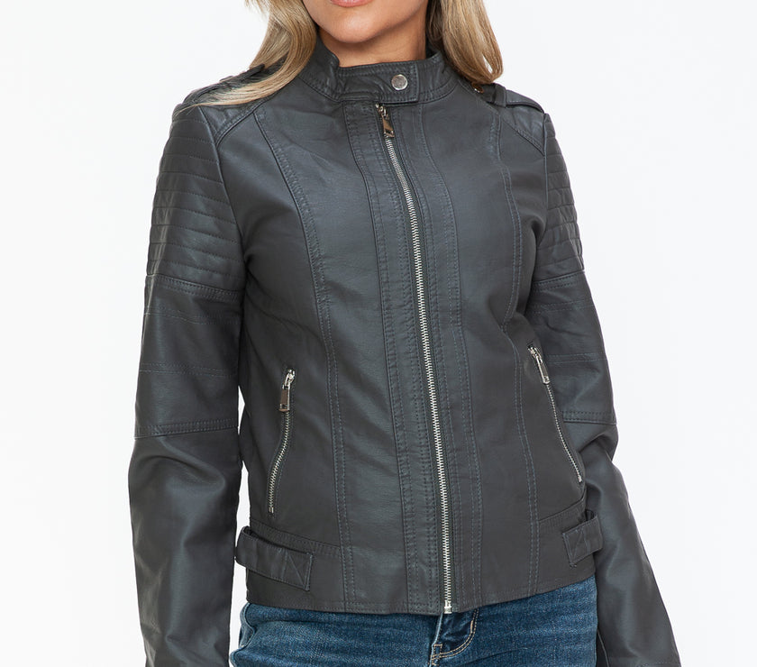 Snobbish PU Leather Biker Jacket with Side Zip Pockets