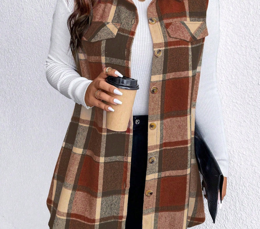 Honey Plus Size Pocketed Plaid Button Up Vest Coat