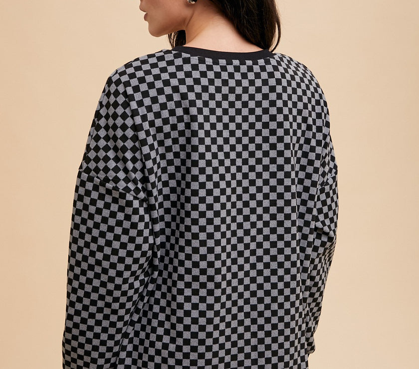 Annie Wear Checkered Round Neck Top and Drawstring Shorts Set