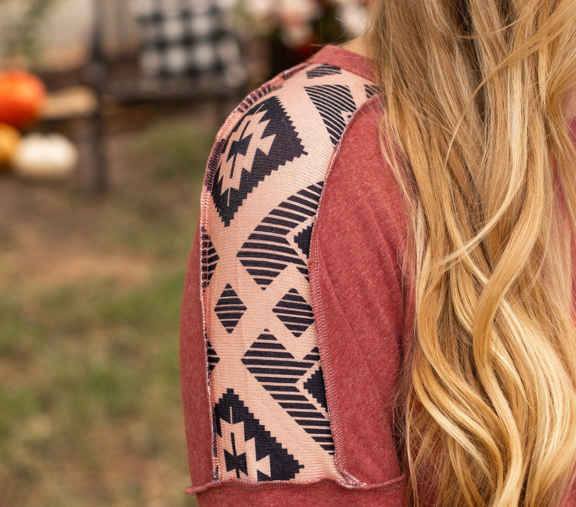 Redwood Burl Aztec Patchwork Drop Shoulder Plus Size High Low Sweatshirt