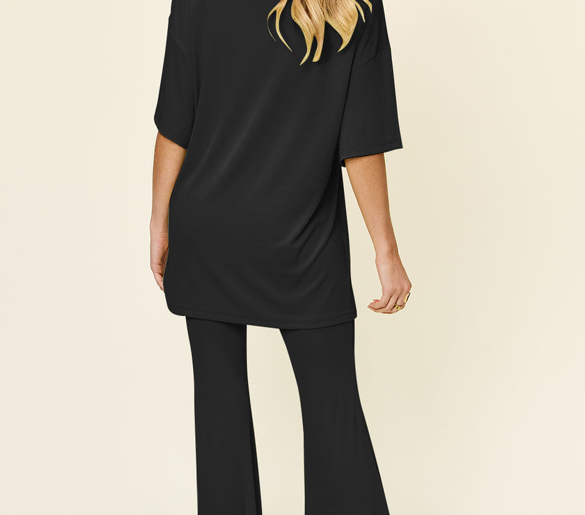 Double Take Full Size Round Neck Drop Shoulder T-Shirt and Flare Pants Set
