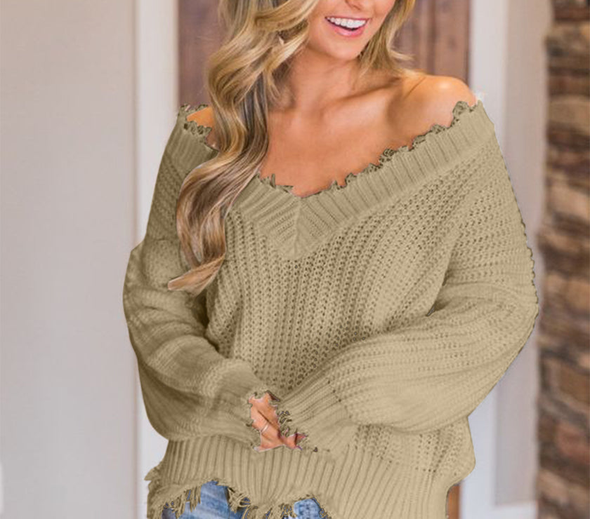 Frayed Hem Dropped Shoulder Sweater