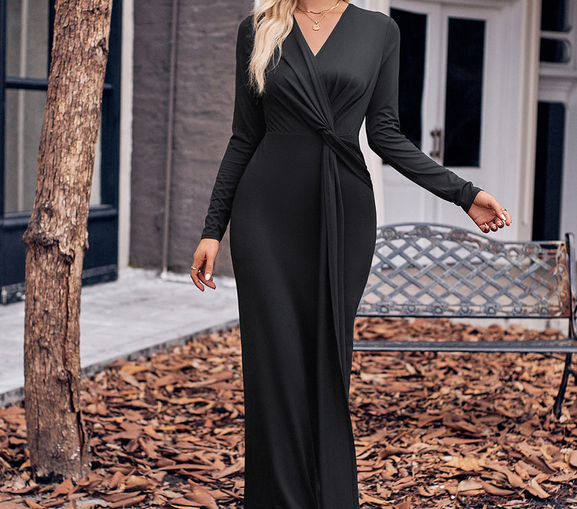 Slit Twisted Surplice Long Sleeve Dress