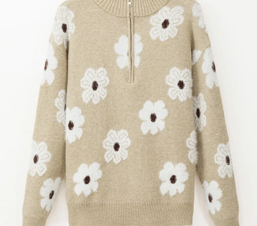 Flower Half Zip Long Sleeve Sweater