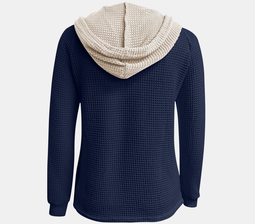Full Size Waffle-Knit Contrast Long Sleeve Hoodie