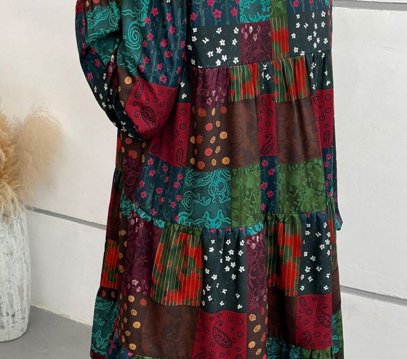 Printed Balloon Sleeve Tiered Dress