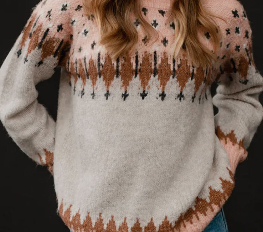 Geometric Contrast Round Neck Long Sleeve Sweater