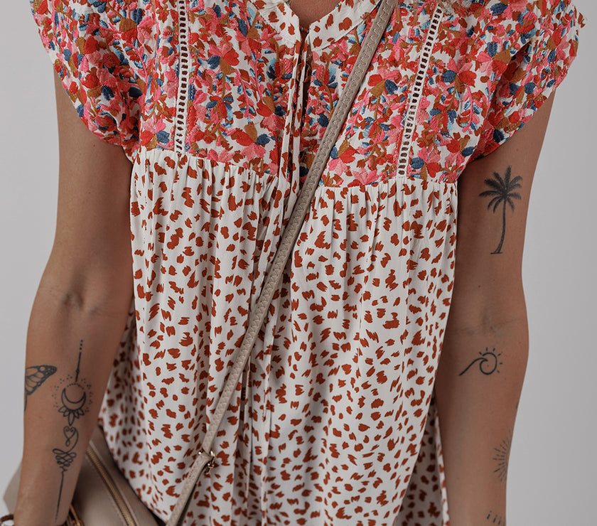 Red Printed Embroidery Detail Tie Split Neck Blouse