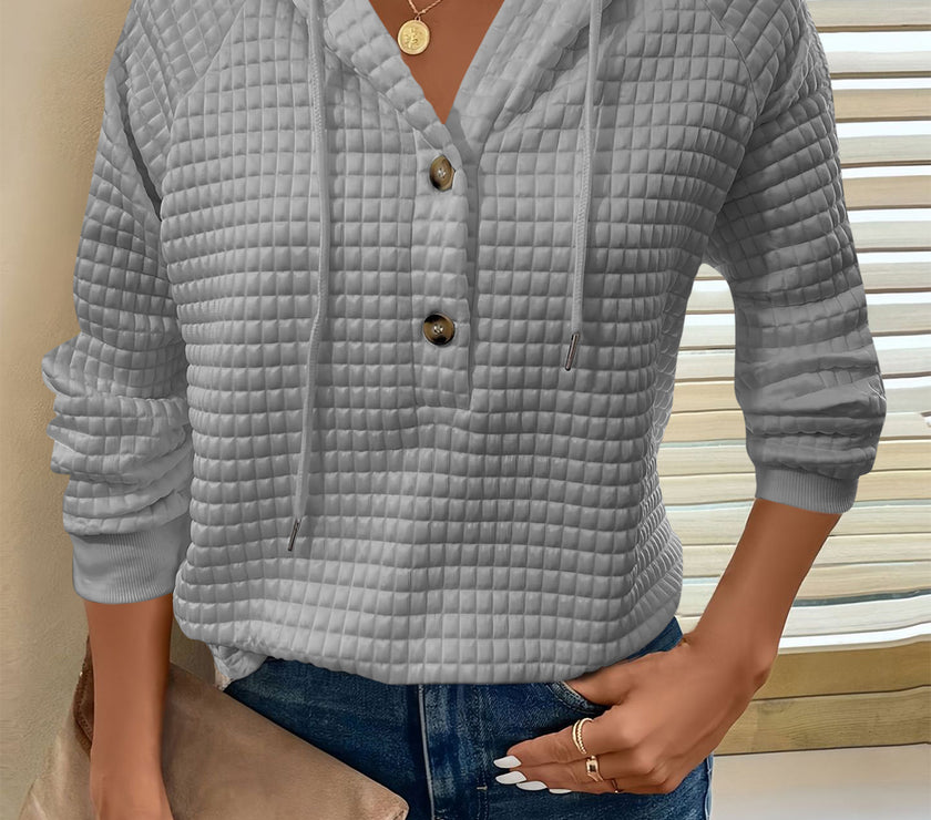 Full Size Texture Button Detail Drawstring Long Sleeve Hoodie