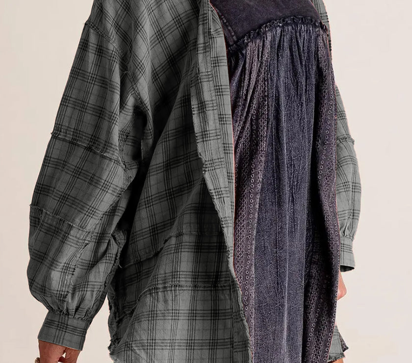 Exposed Seam Plaid Collared Neck Long Sleeve Shirt