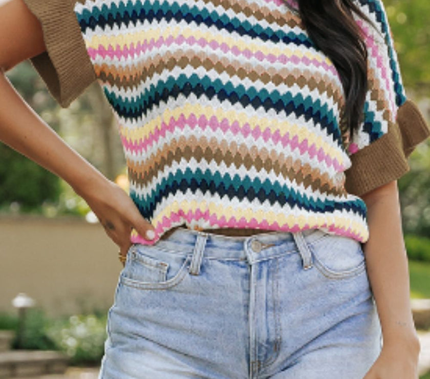 Contrast Round Neck Short Sleeve Sweater