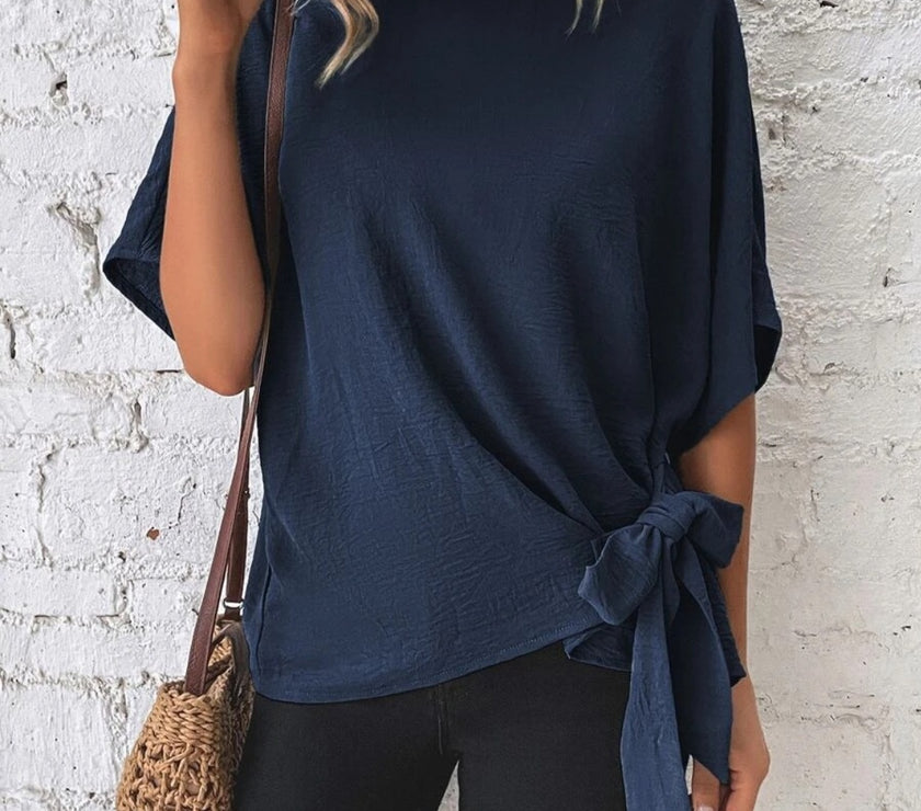 Knotted Round Neck Half Sleeve Blouse