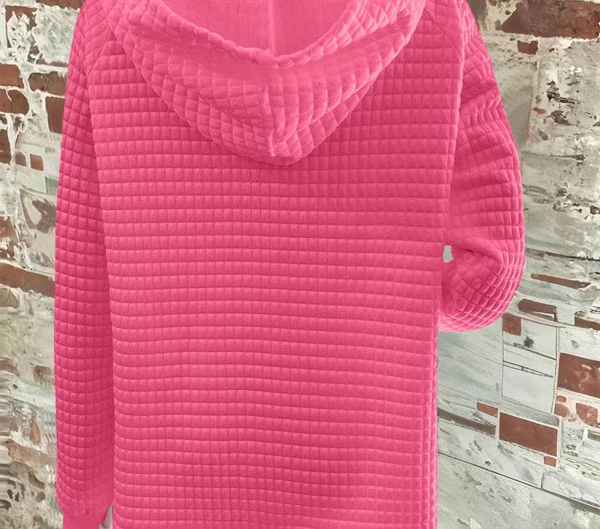 Full Size Texture Button Detail Drawstring Long Sleeve Hoodie