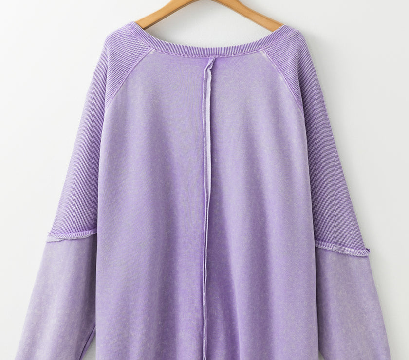 Orchid Petal Textured Patchwork Frilled Trim Plus Size Pullover Sweatshirt