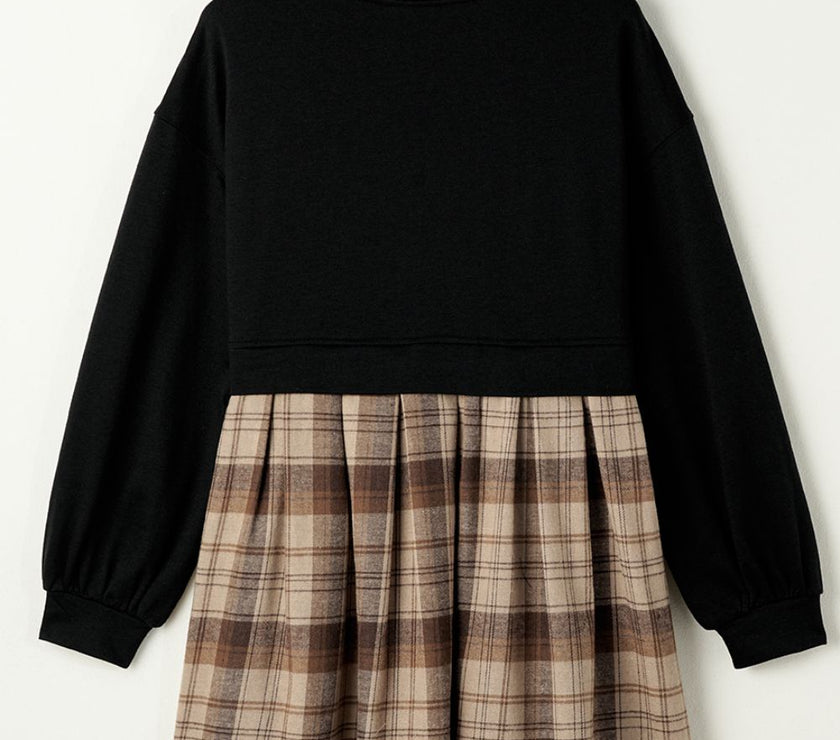 Plaid Round Neck Long Sleeve Mini Dress