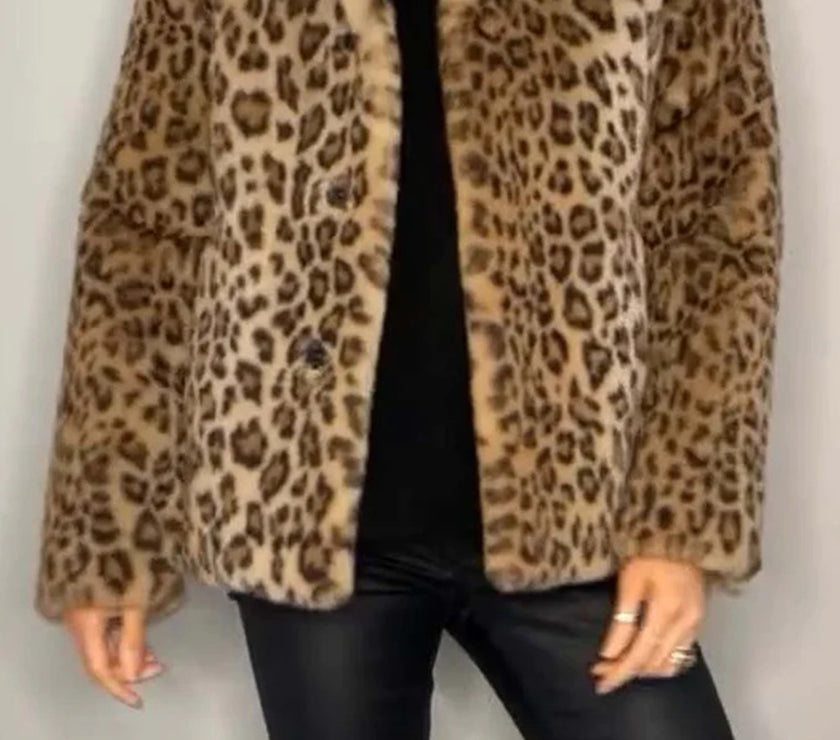 Full Size Leopard Furry Collared Neck Long Sleeve Coat