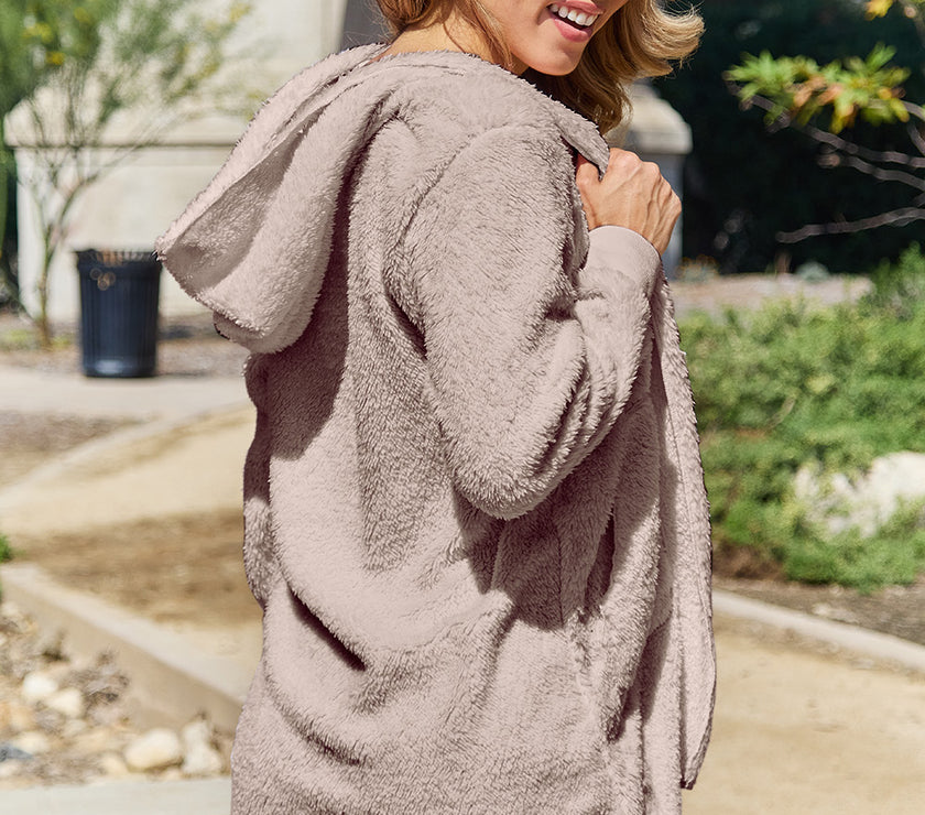 Full Size Teddy Hooded Jacket with Pockets