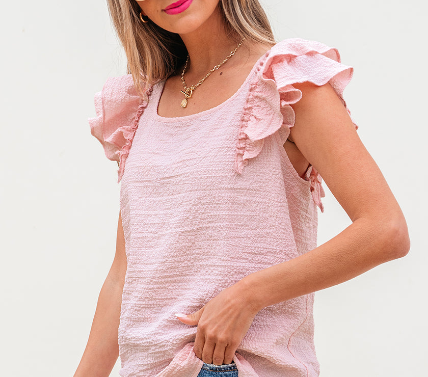 Gossamer Pink Textured Bow Knot Frilled Butterfly Sleeve Blouse