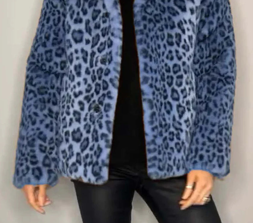 Full Size Leopard Furry Collared Neck Long Sleeve Coat