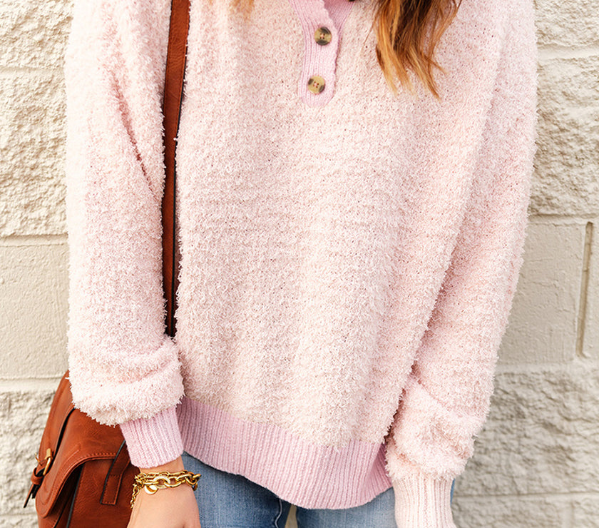 Button Detail Mock Neck Long Sleeve Sweater