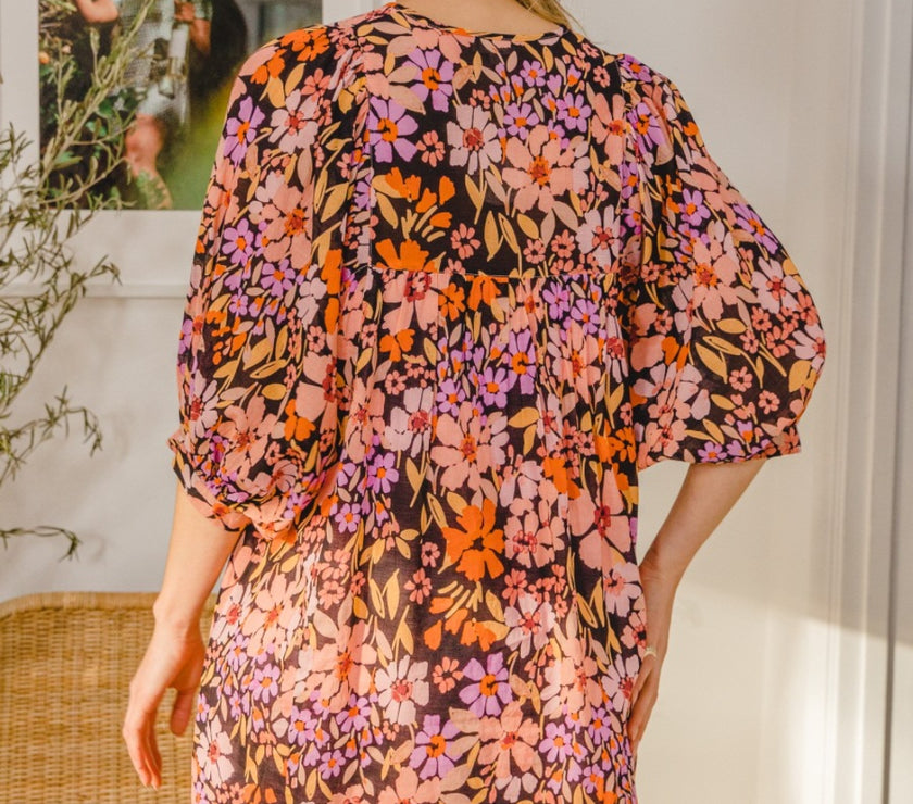 ODDI Full Size Floral Tied Neck Mini Dress