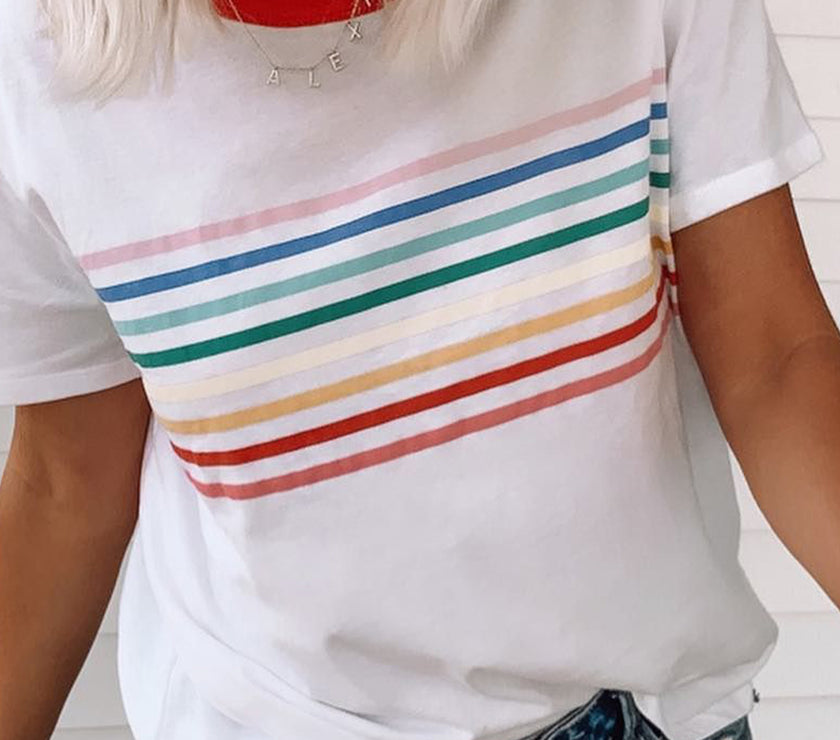 White Rainbow Stripe Print Contrast Crewneck T Shirt