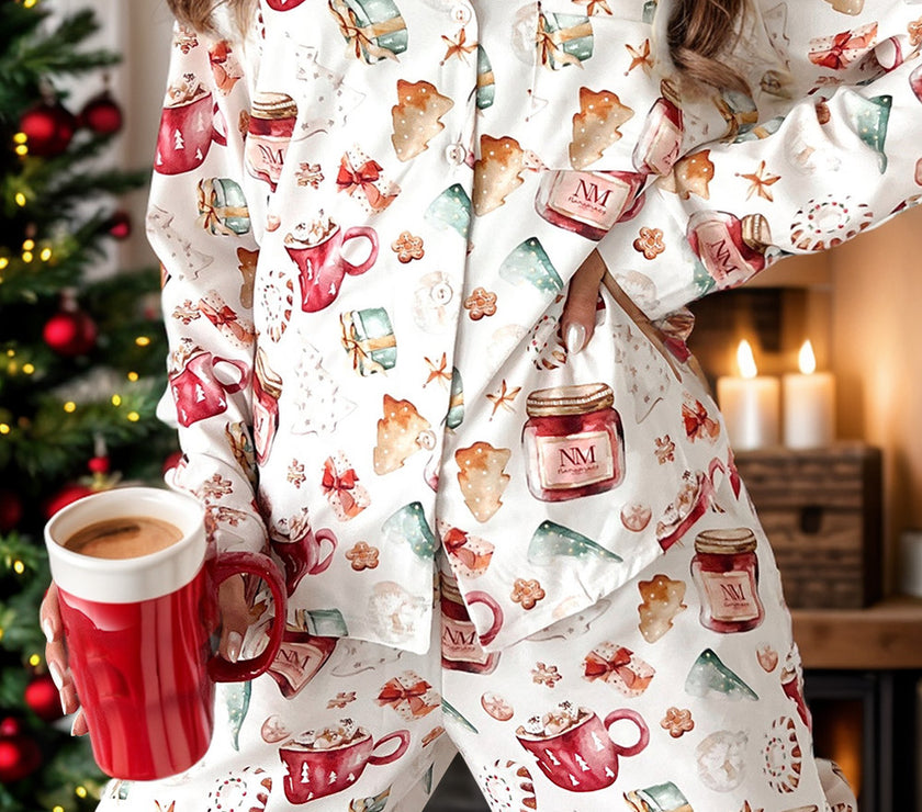 Printed Collared Neck Top and Pants Lounge Set