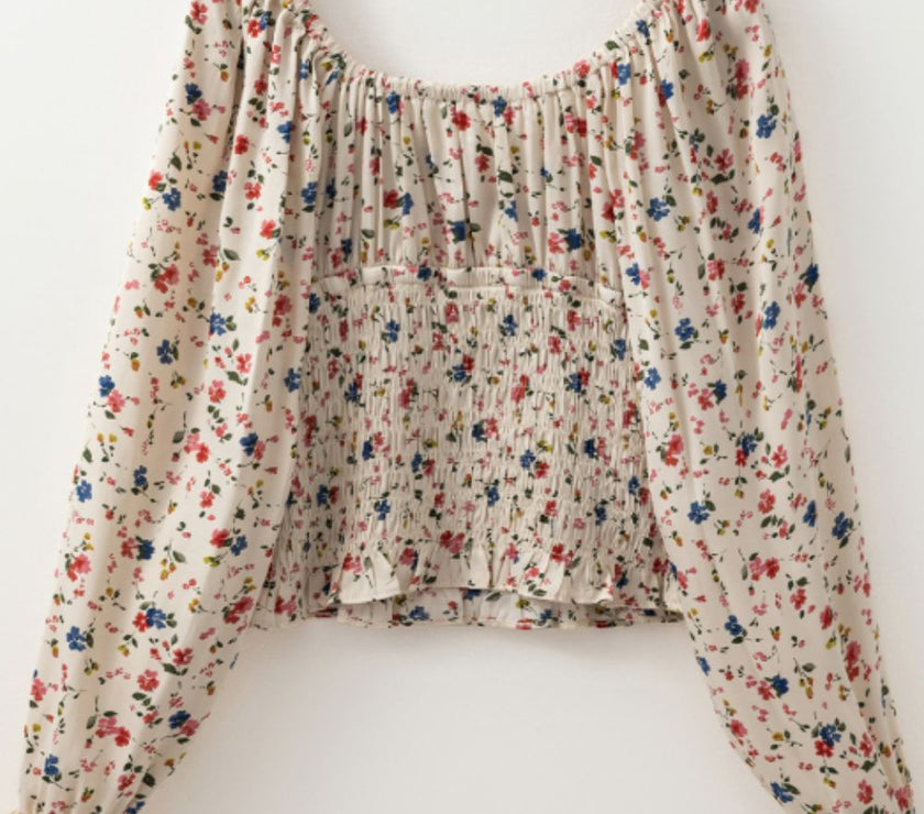 Ruched Printed Scoop Neck Long Sleeve Blouse