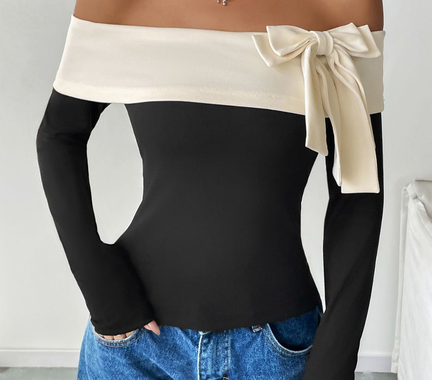 Perfee Bow Contrast Off-Shoulder Long Sleeve Top