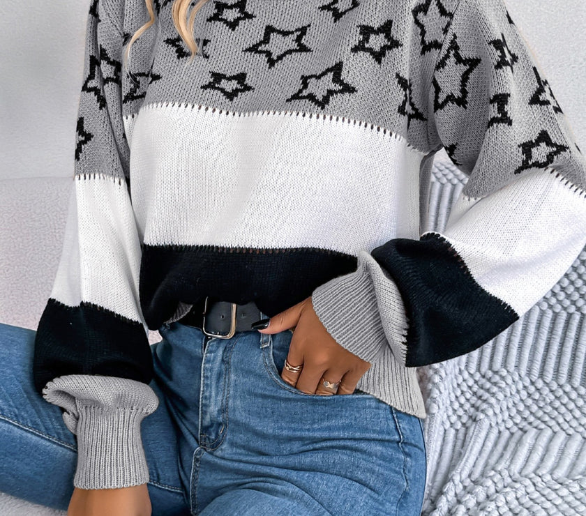 Star Contrast Round Neck Sweater