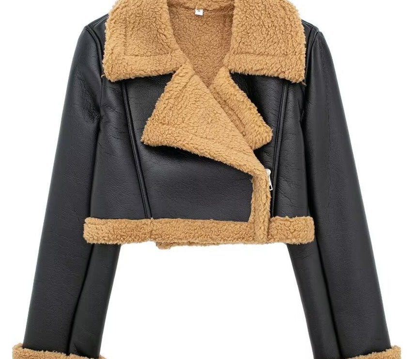 Collared Neck Long Sleeve Plush Cropped Jacket